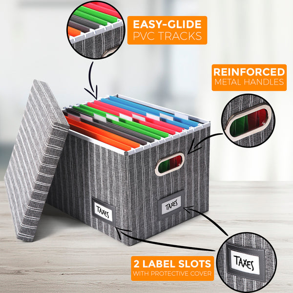 Collapsible File Box - Grey Pinstripes (2 Pack)